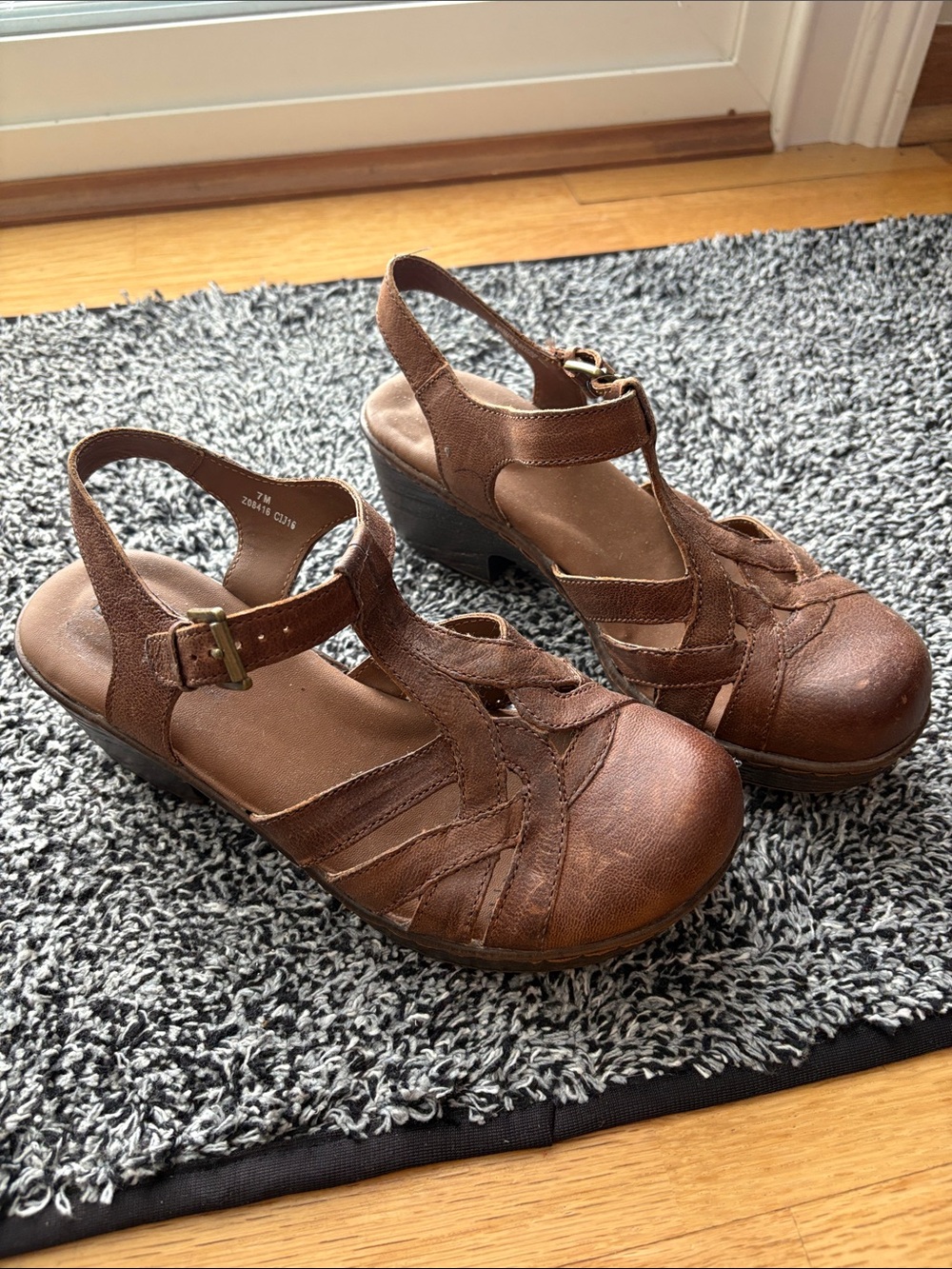 BOC Brown Distressed Leather Slingback Wedge Sandal.